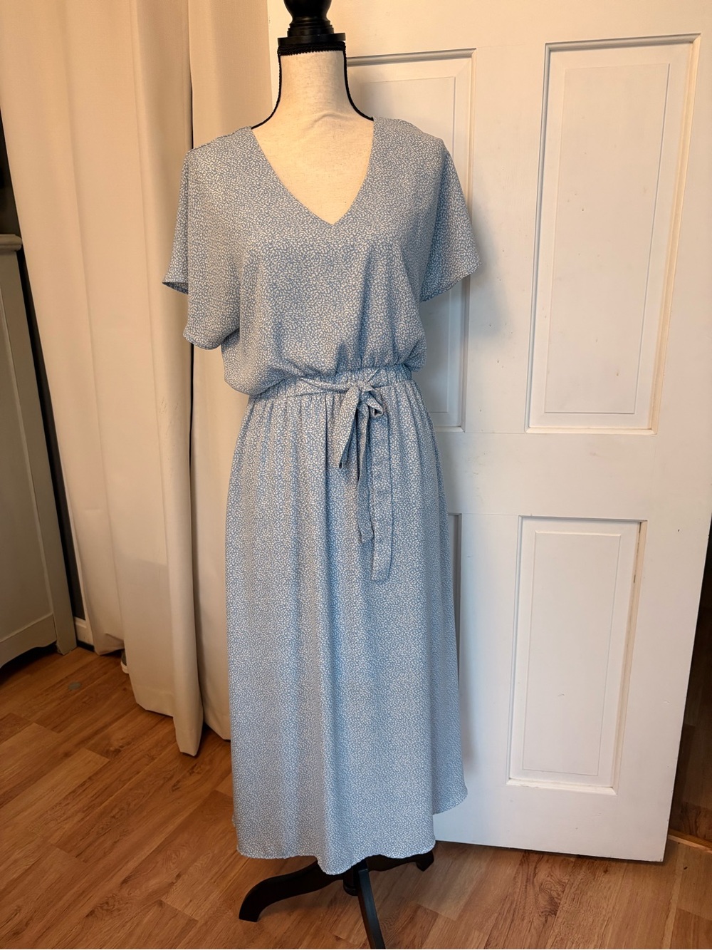 Sienna Sky Pale Blue V-Neck Midi Dress with Tie Waist